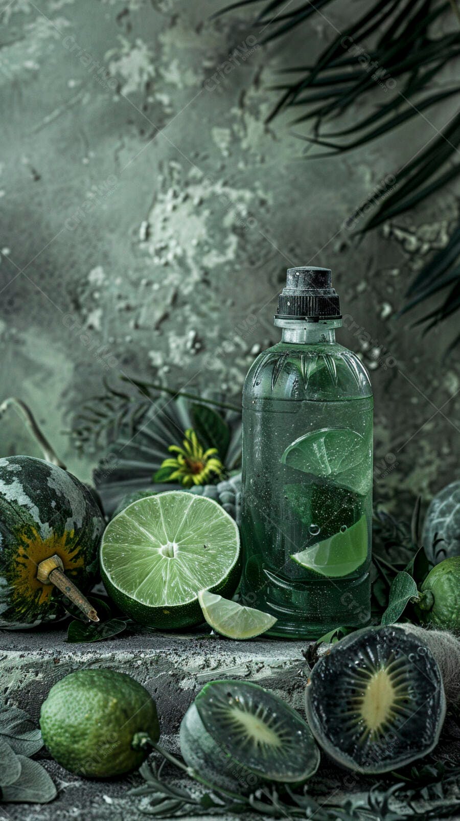 Garrafa de bebida verde com limão e frutas frescas em fundo rústico escuro