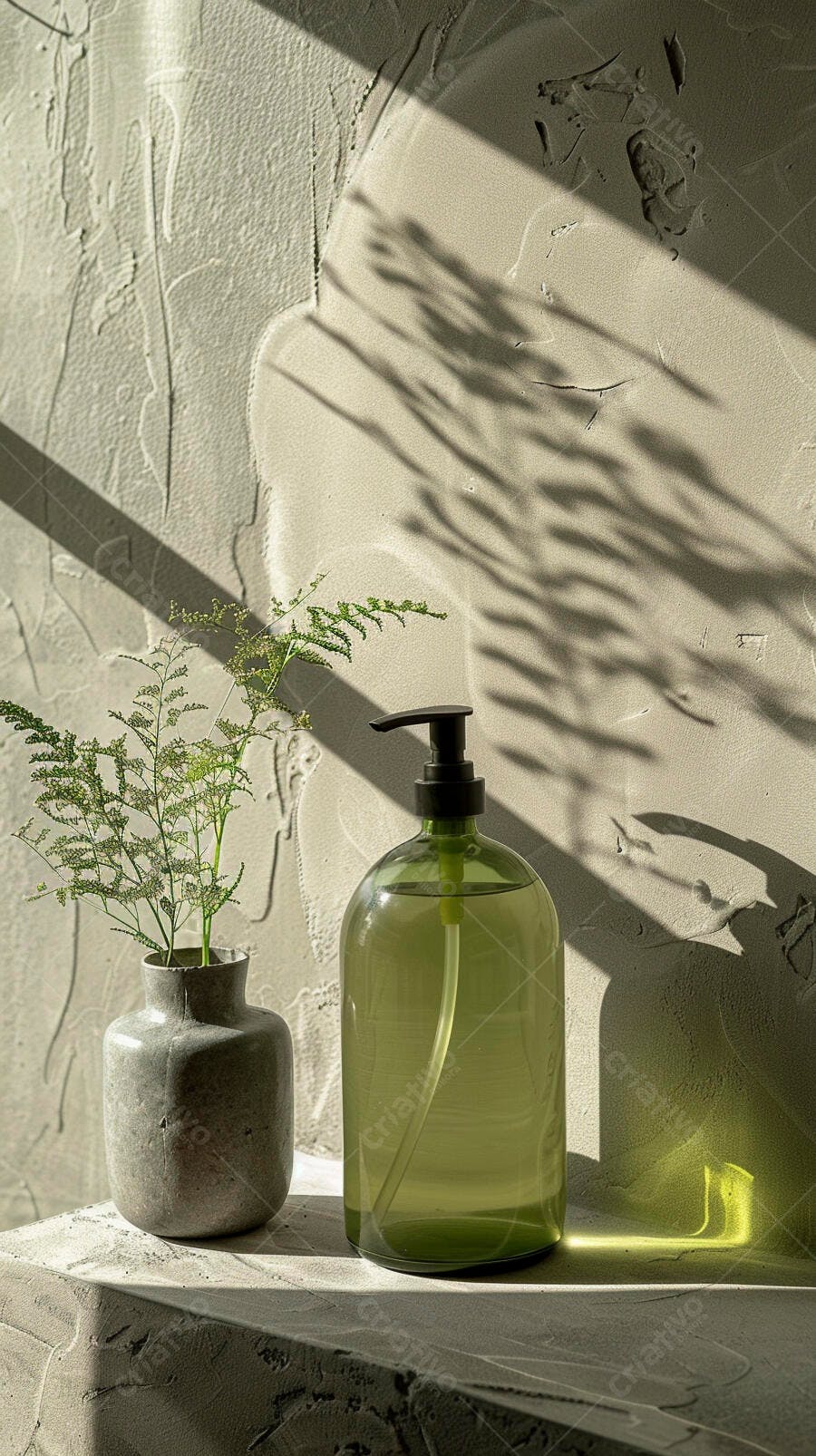 Garrafa de sabonete líquido verde vaso de planta luz solar parede texturizada