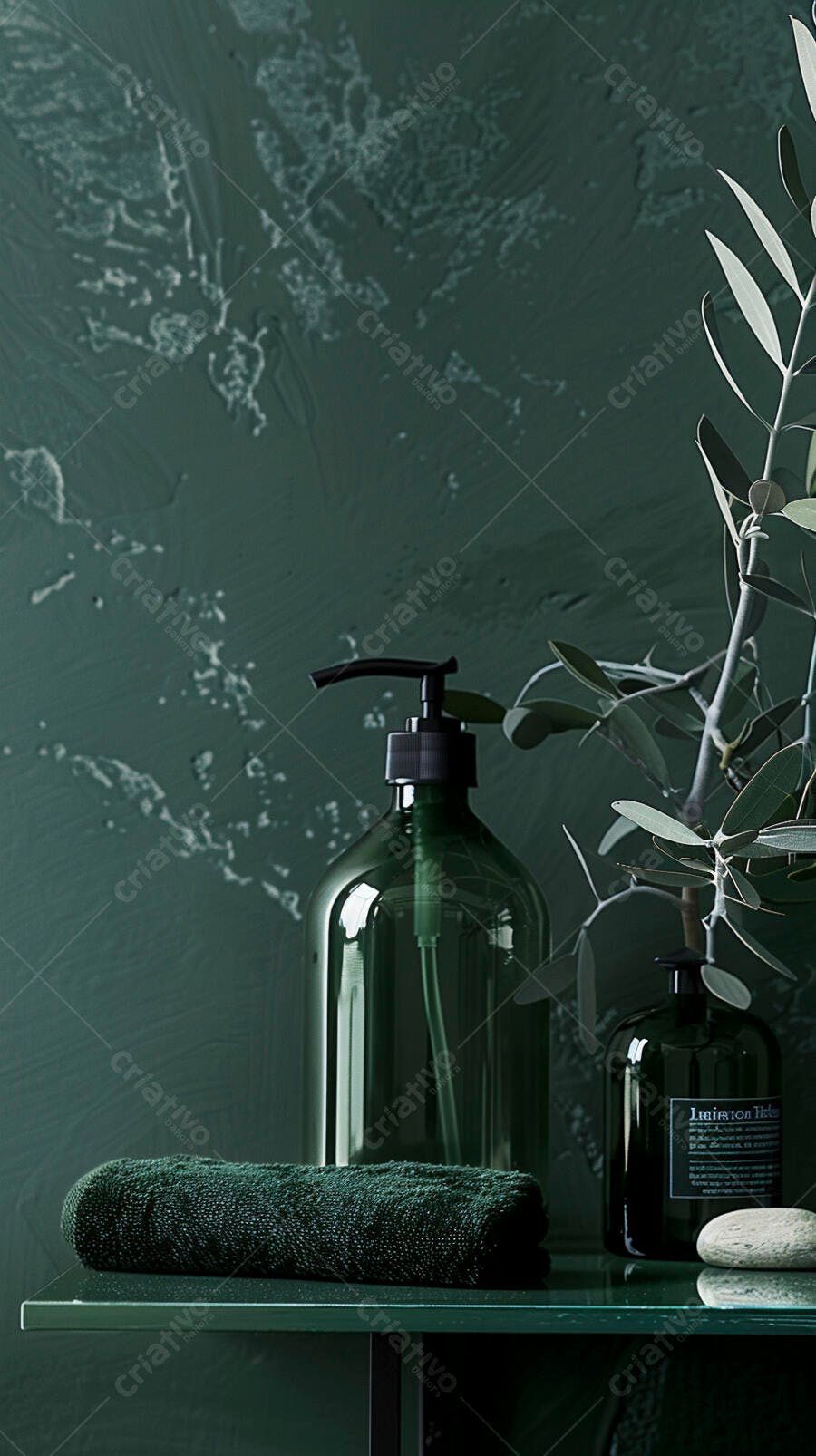 Frasco de sabonete líquido verde toalha e folhagem em decoração de spa