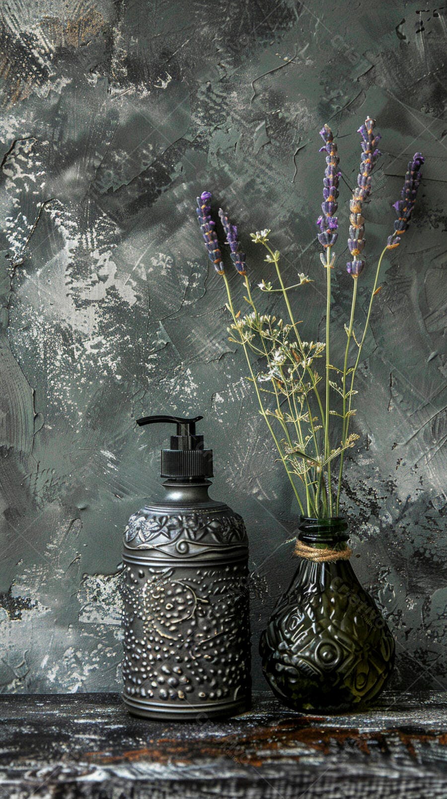 Frasco de sabonete rústico e lavanda em vaso decorativo no fundo cinza