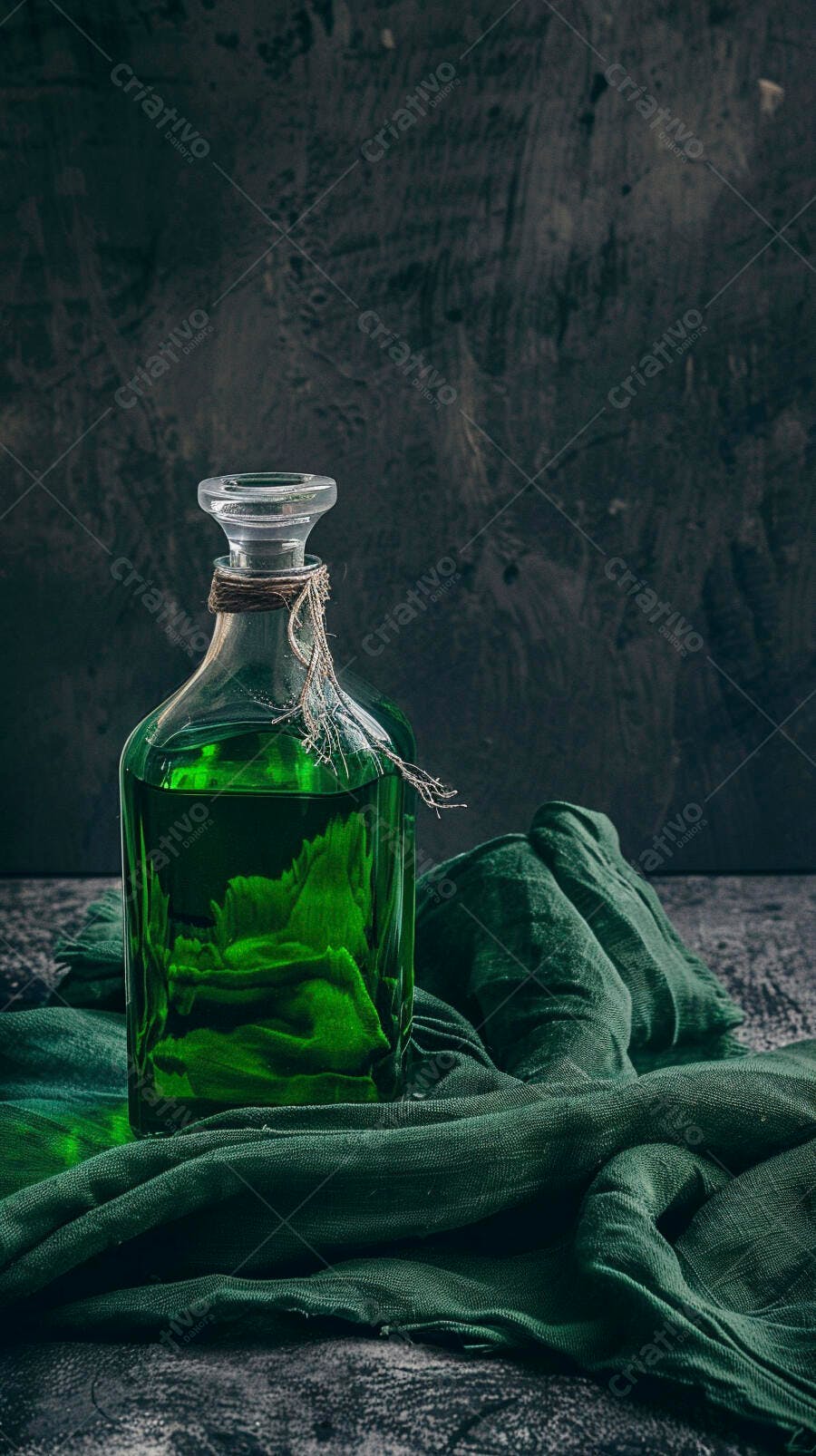 Garrafa de vidro com líquido verde vibrante sobre tecido escuro e fundo rústico