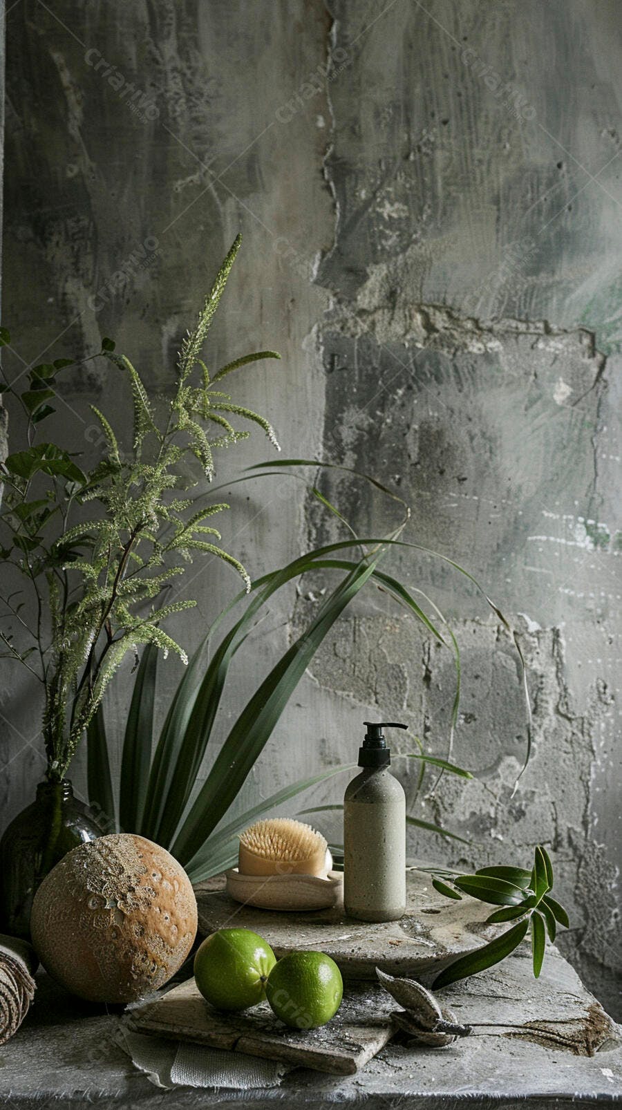 Produtos de spa naturais e limões verdes em ambiente rústico
