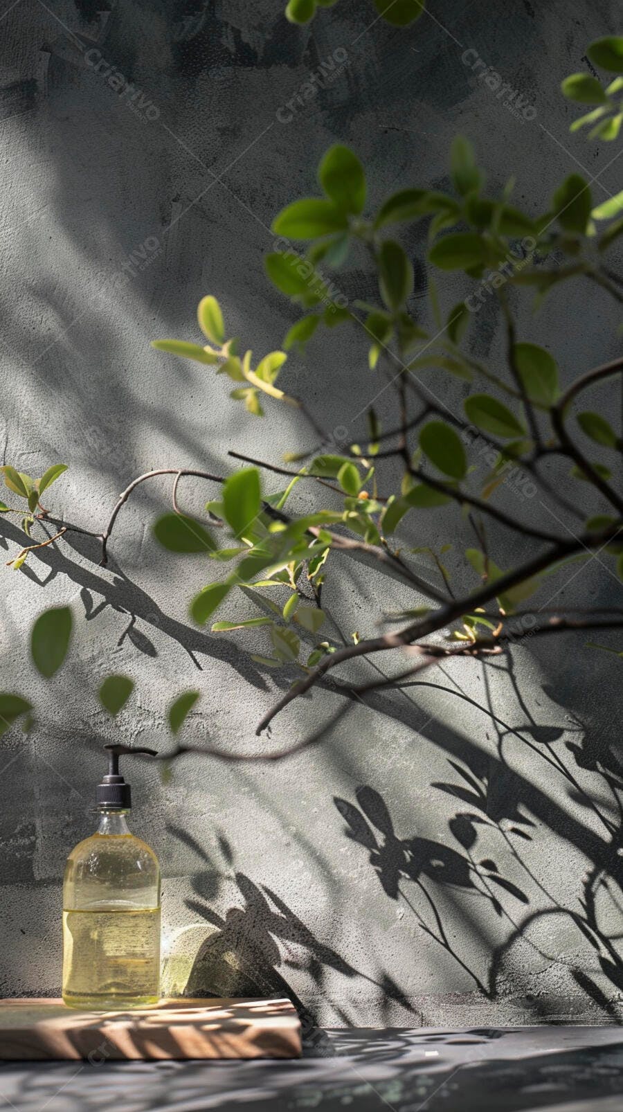 Frasco de sabonete líquido com plantas e sombras na parede de cimento