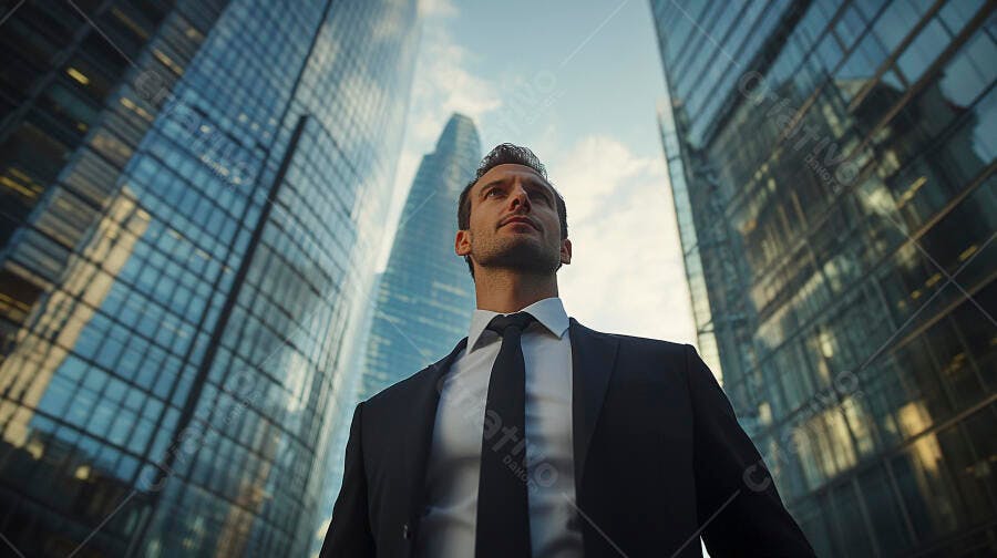 Homem de terno empresário confiante em distrito financeiro urbano