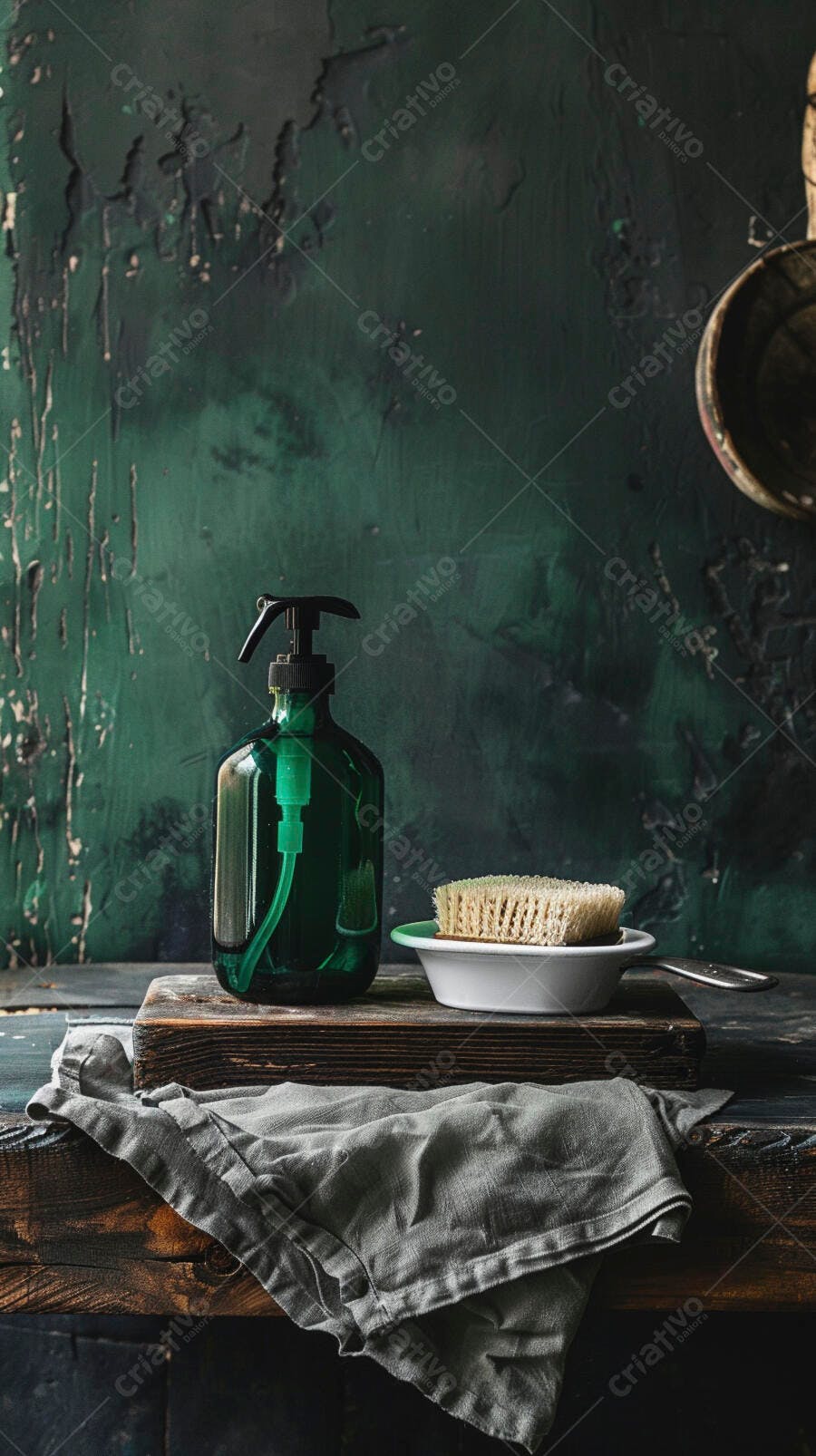 Frasco borrifador verde e escova natural de cozinha sobre madeira rústica