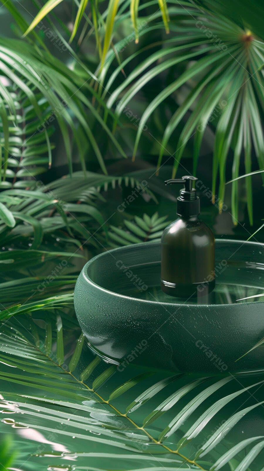 Frasco de loção verde em tigela com água e folhas tropicais