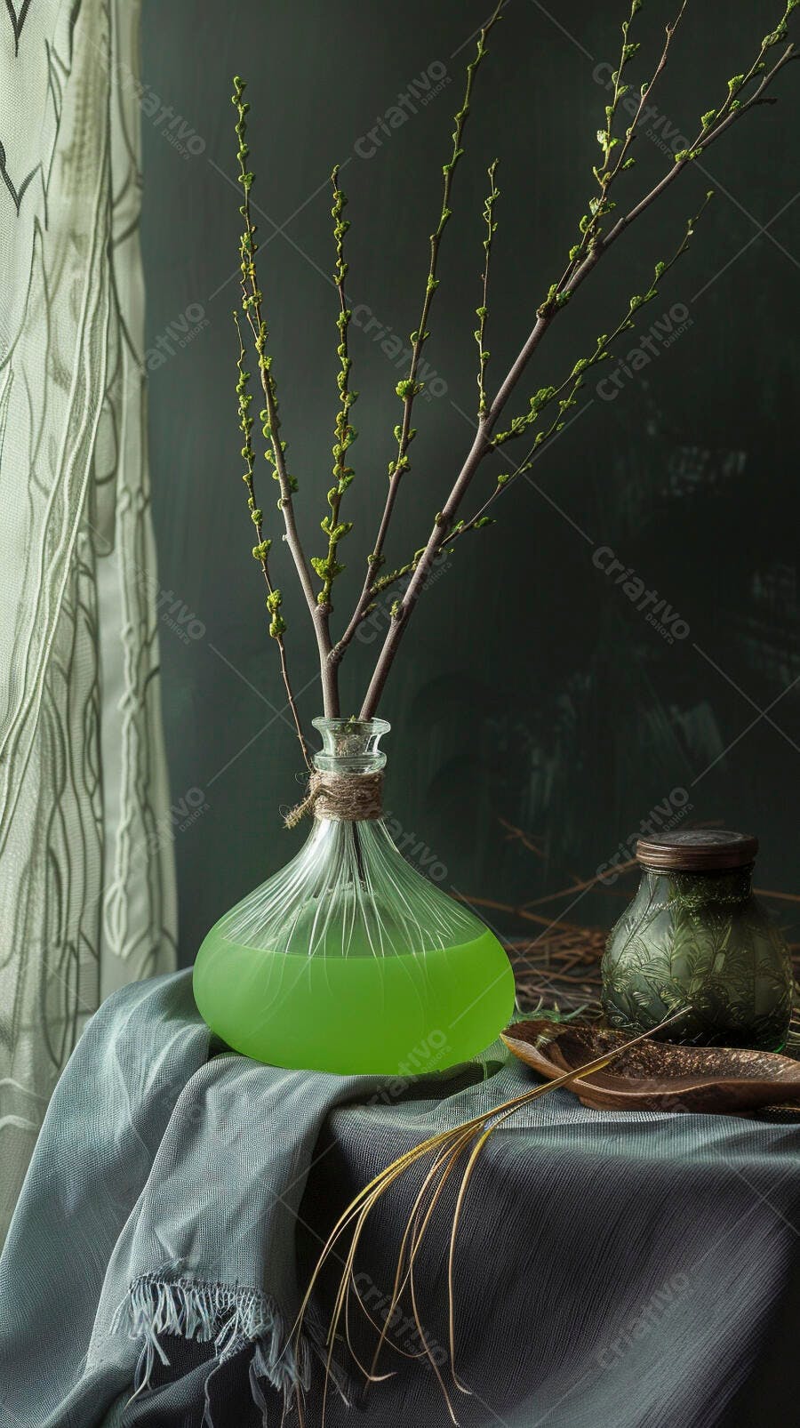 Vaso de vidro com galhos brotando líquido verde e tecido cinza em cena rústica