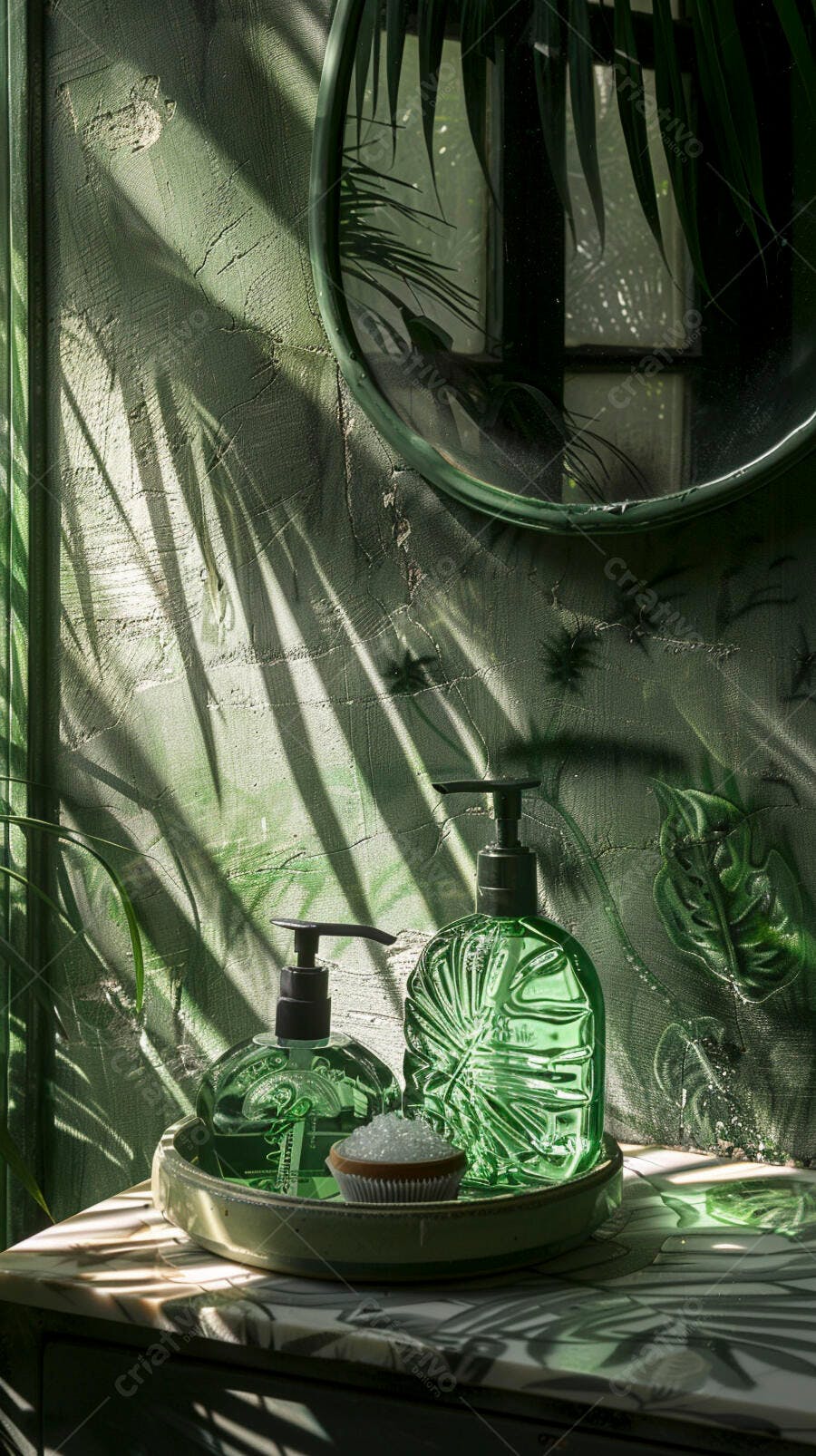 Frascos de sabonete verde em bancada de mármore com espelho e sombras