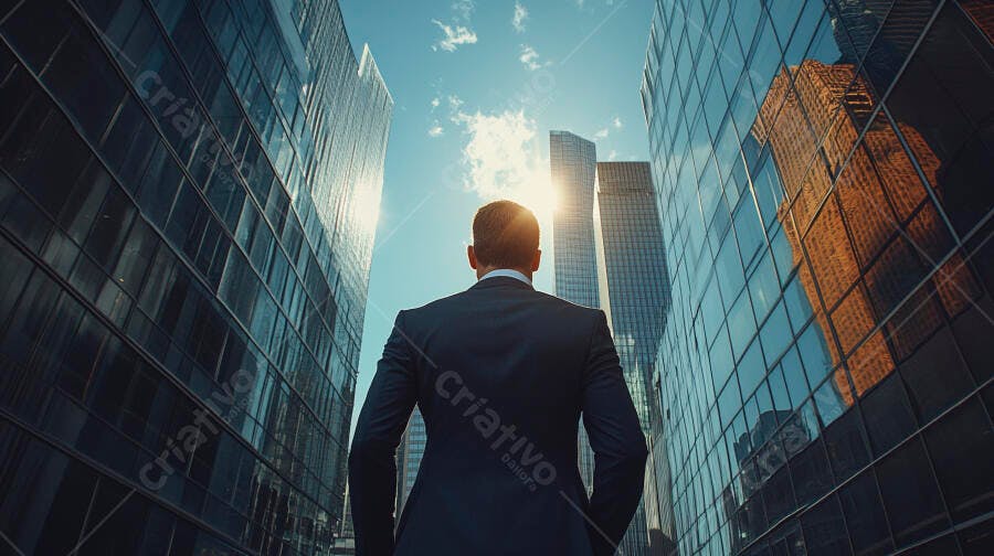 Homem de negócios de terno olhando para o futuro entre prédios de vidro