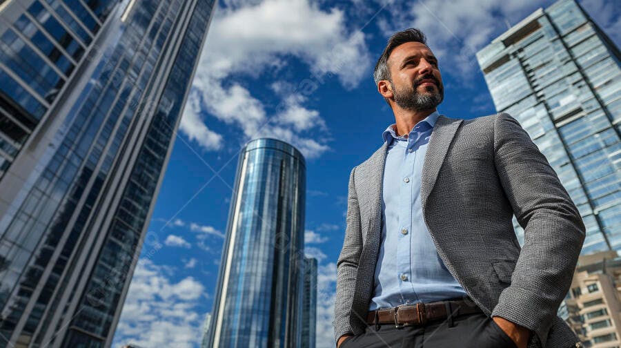 Homem executivo confiante em blazer cinza na cidade moderna