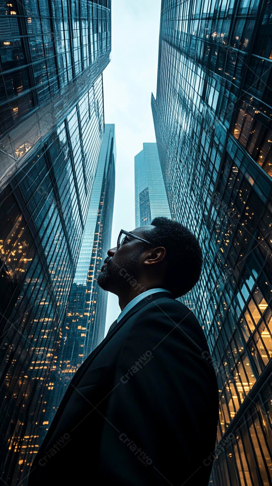 Homem de negócios negro olhando para prédios modernos na cidade