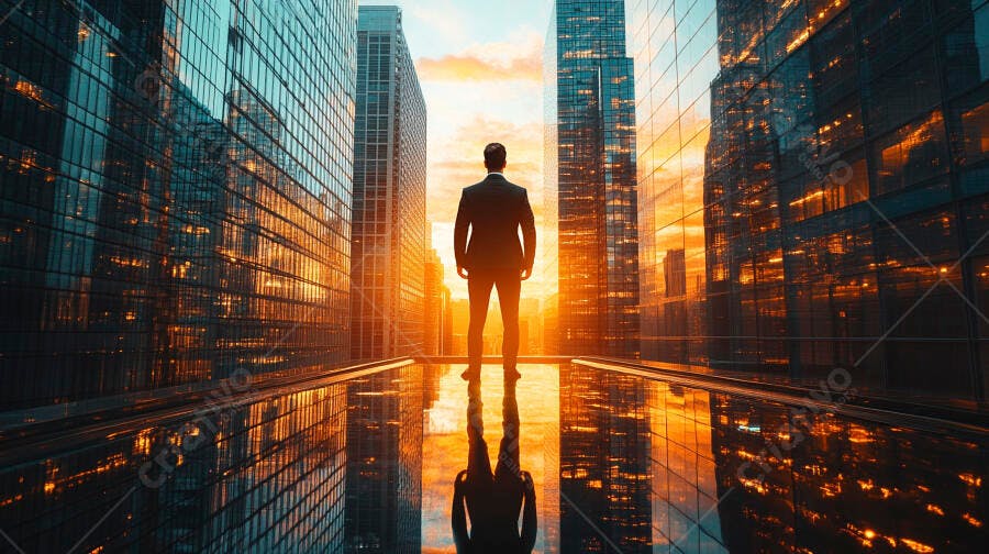 Homem de terno em cidade moderna ao pôr do sol entre prédios de vidro refletindo ambição