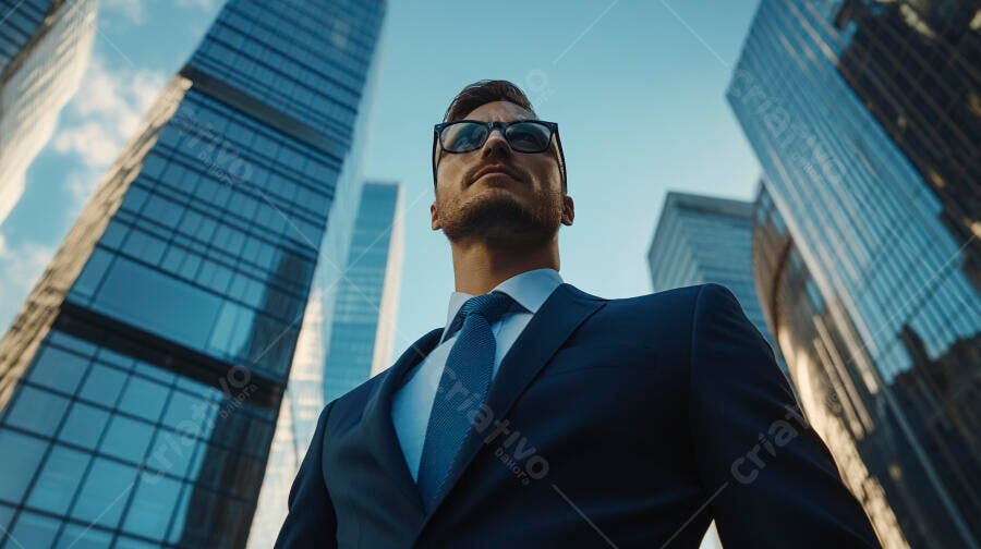 Homem de negócios confiante de terno azul entre arranha-céus urbanos