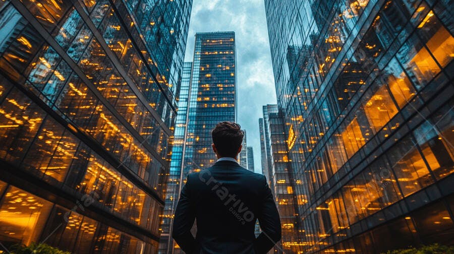 Homem de terno de costas olhando prédios iluminados à noite