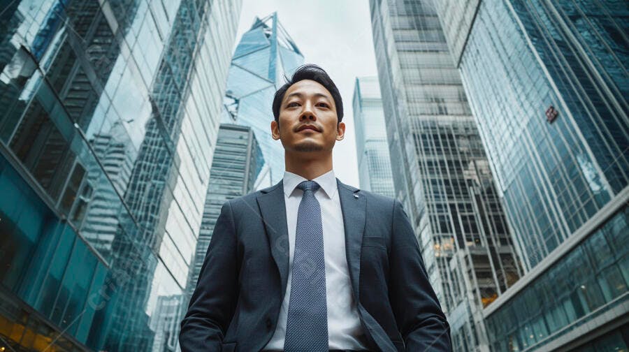 Homem de negócios asiático confiante em terno cinza moderno cityscape