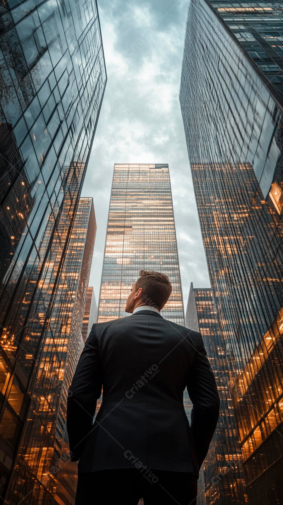Executivo de terno preto contemplando arranha-céus dourados na cidade