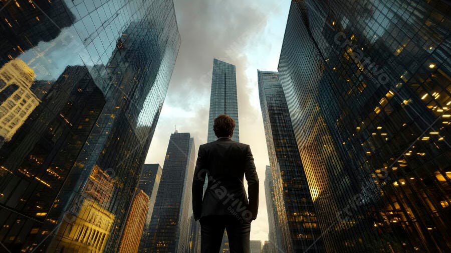 Homem de terno em pé observando arranha-céus da cidade ao entardecer