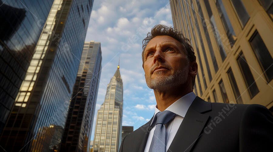 Empresário caucasiano de terno azul olhando para o céu urbano de Nova York