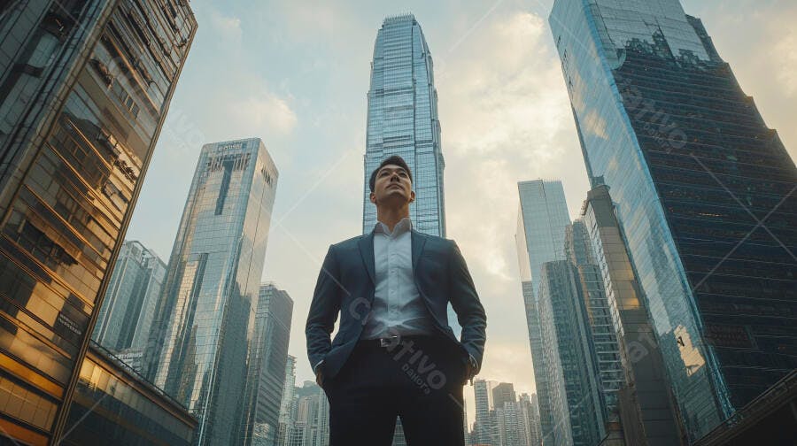Homem de negócios asiático confiante de terno azul olhando para o alto em cidade moderna