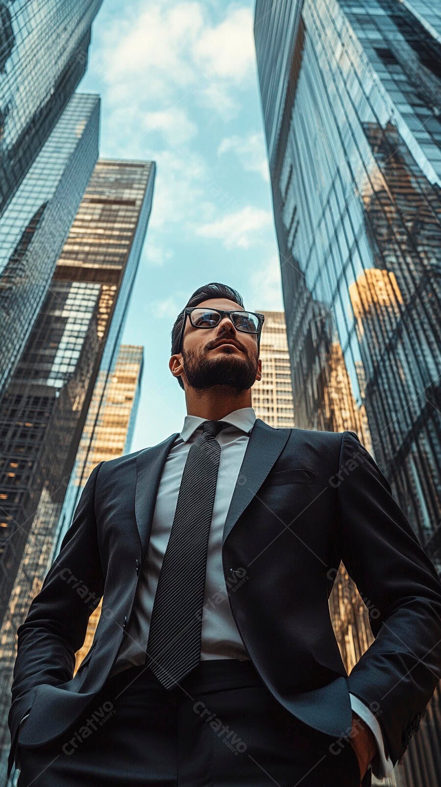 Homem executivo de terno preto e óculos olhando para cima em cidade moderna