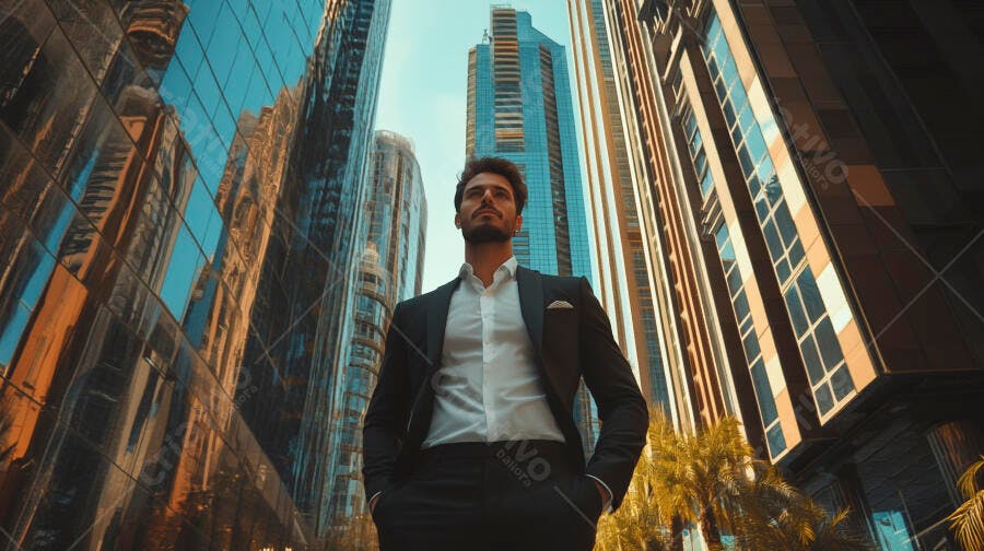 Empresário em terno preto olhando para cima em cidade moderna