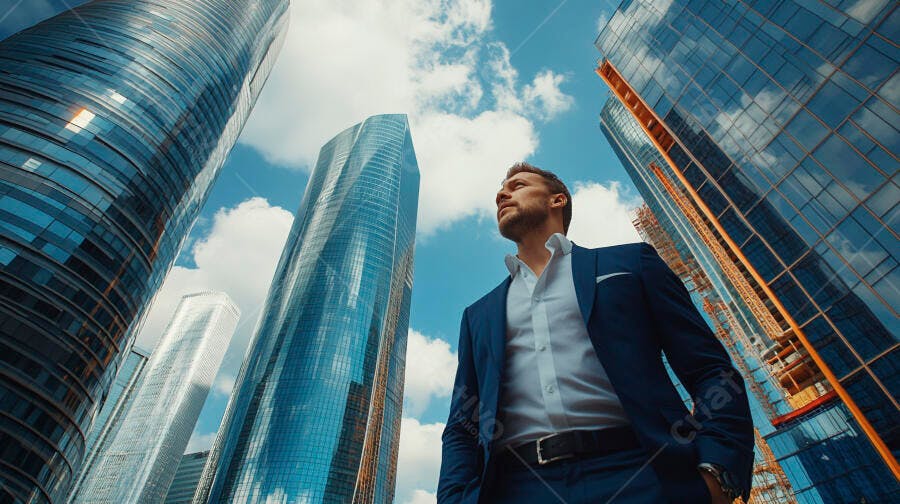 Homem em terno azul olhando prédios modernos no centro financeiro