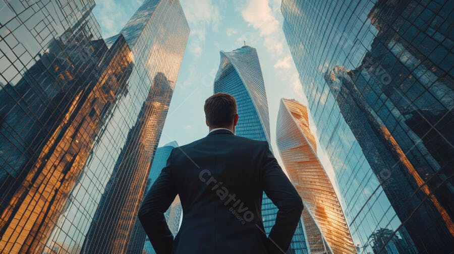 Homem de negócios olhando arranha-céus modernos de vidro azul e dourado
