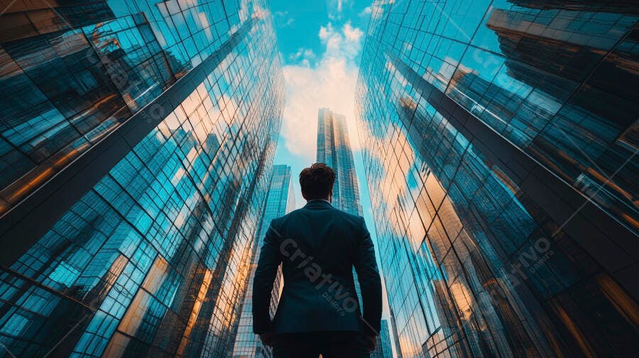 Homem de terno em meio a arranha-céus gigantes olhando para o céu azul