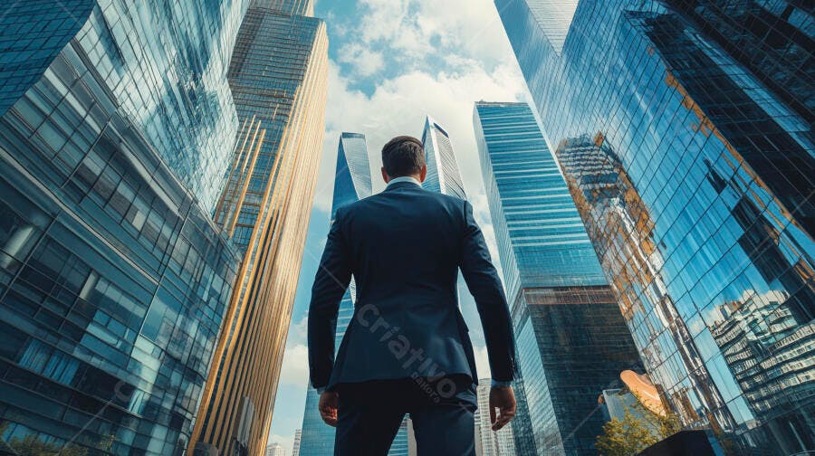Homem de terno em meio a arranha-céus modernos sob céu azul claro