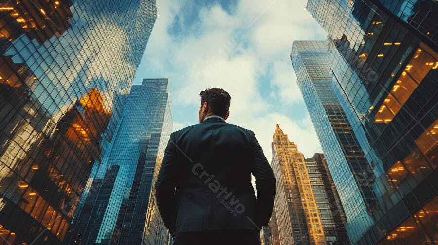 Homem de negócios olhando para arranha-céus modernos na cidade grande