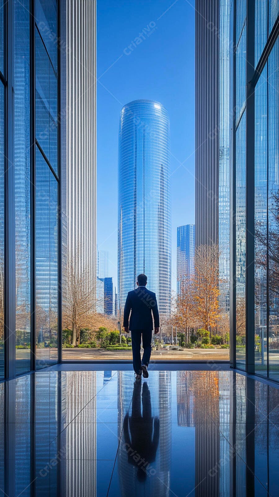 Homem de terno andando em galeria moderna com arranha-céus refletidos no chão azul