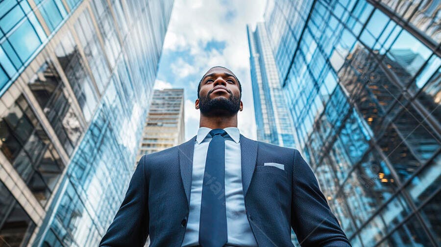 Homem de negócios negro confiante em terno azul olhando para o céu urbano