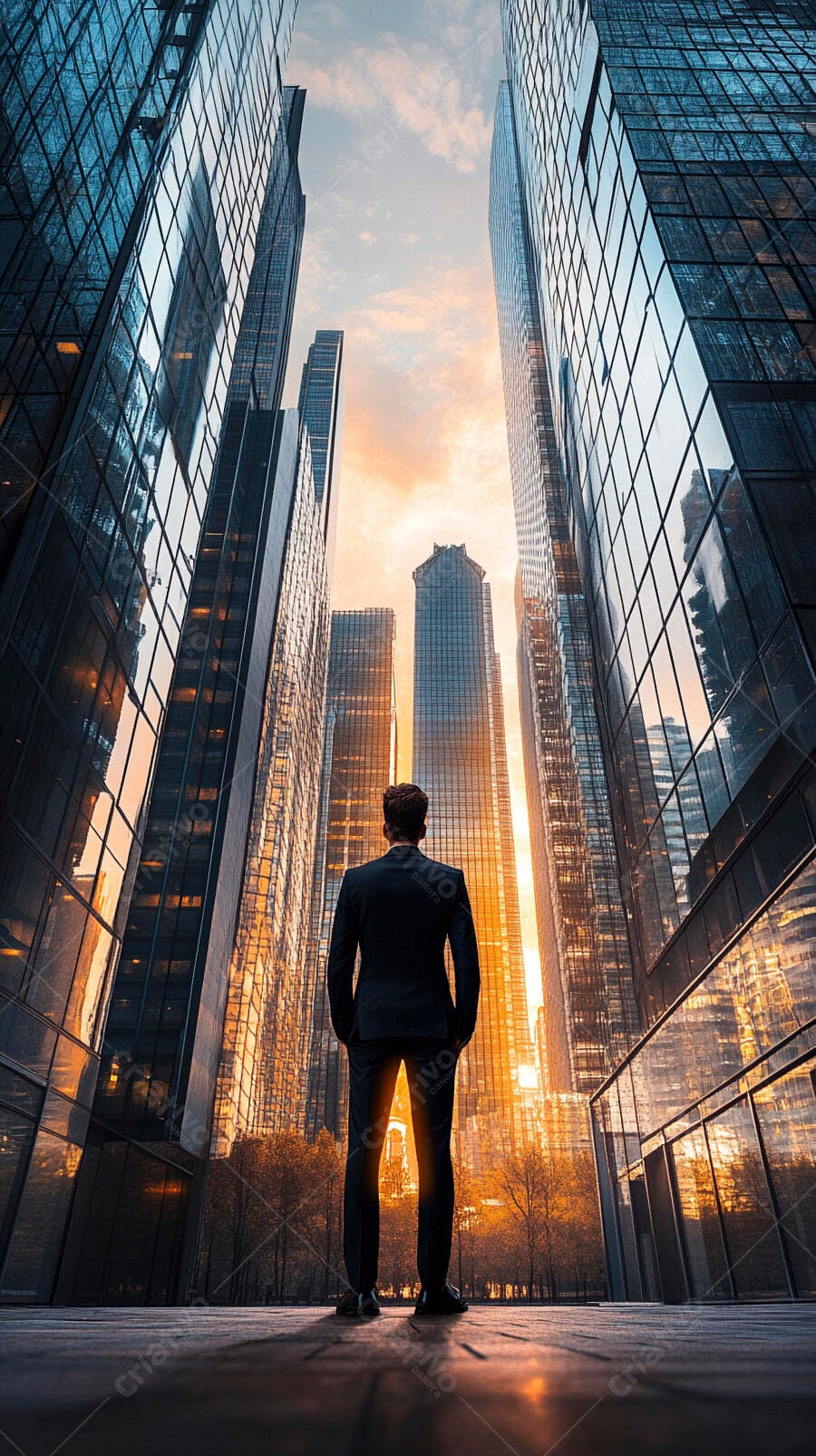 Homem de negócios observando arranha-céus na cidade ao pôr do sol