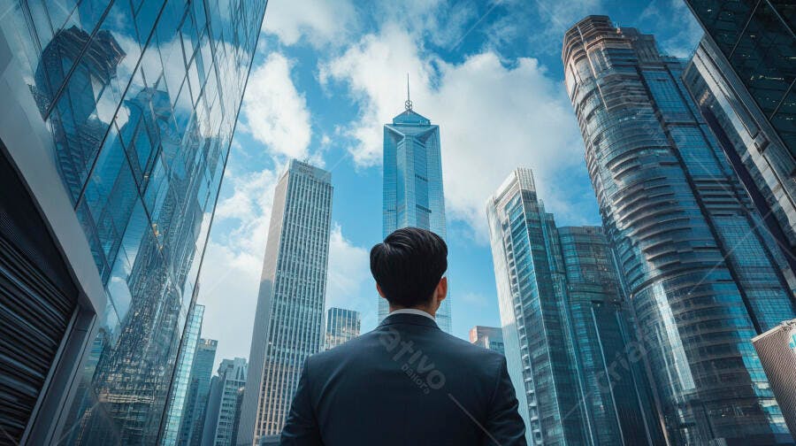 Homem de terno olhando prédios corporativos sob céu azul
