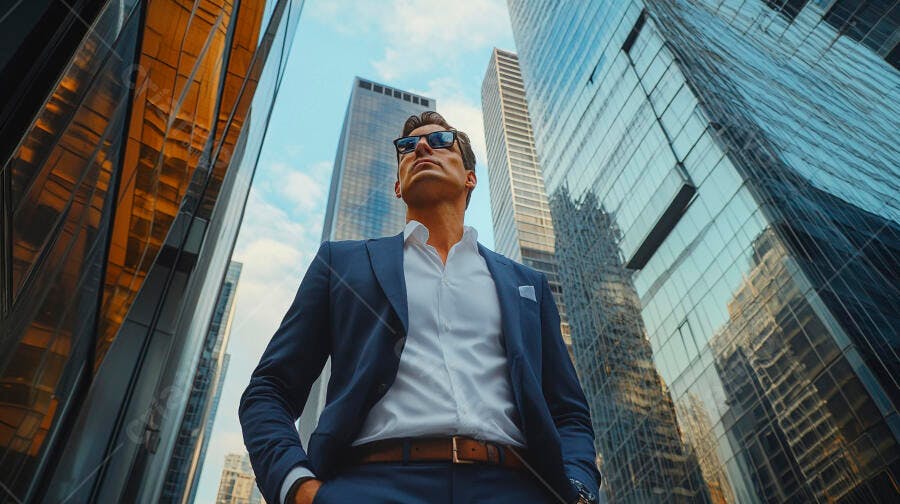 Homem de terno azul e óculos escuros confiante entre arranha-céus urbanos