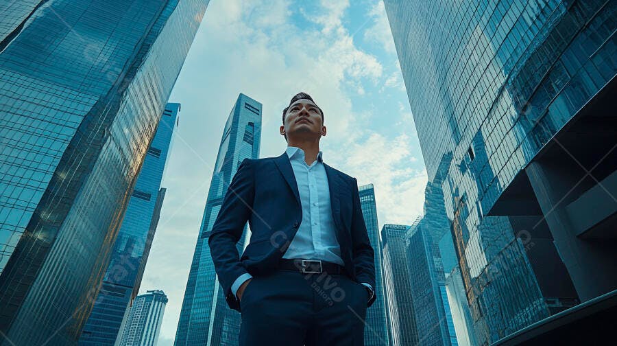 Homem asiático empresário de terno azul olhando para o céu entre arranha-céus modernos
