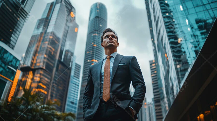 Homem de negócios caucasiano confiante terno cinza paisagem urbana moderna