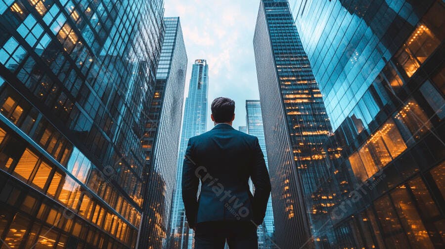 Homem de negócios de terno azul escuro olhando arranha-céus modernos na cidade