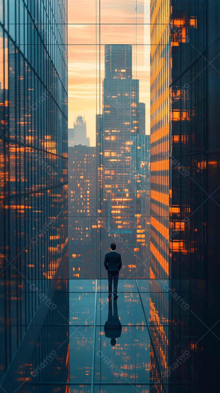 Homem de negócios observando cidade ao pôr do sol reflexo no chão de vidro