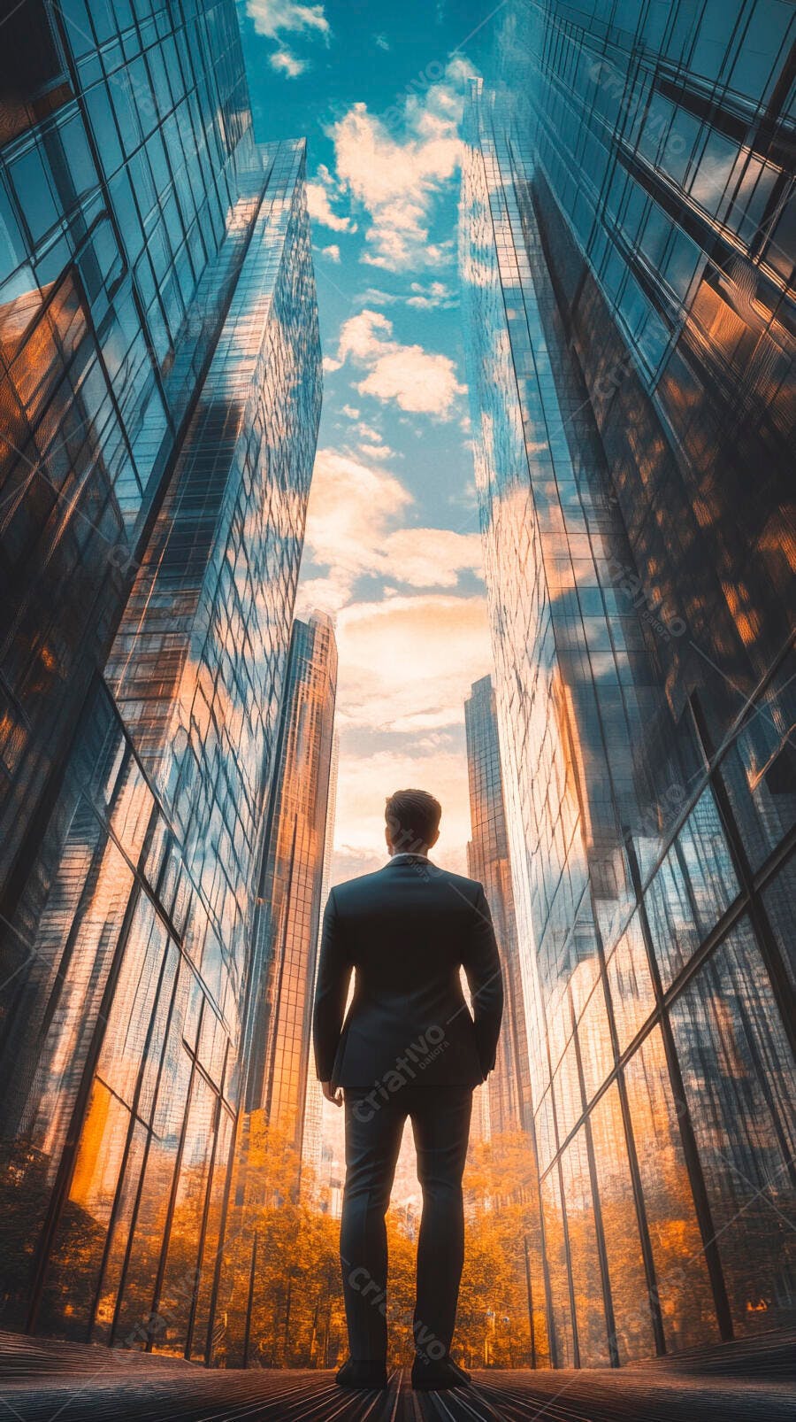 Homem de terno olhando arranha-céus gigantes na cidade ao pôr do sol