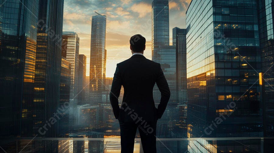 Homem de negócios em terno preto observando o pôr do sol na cidade