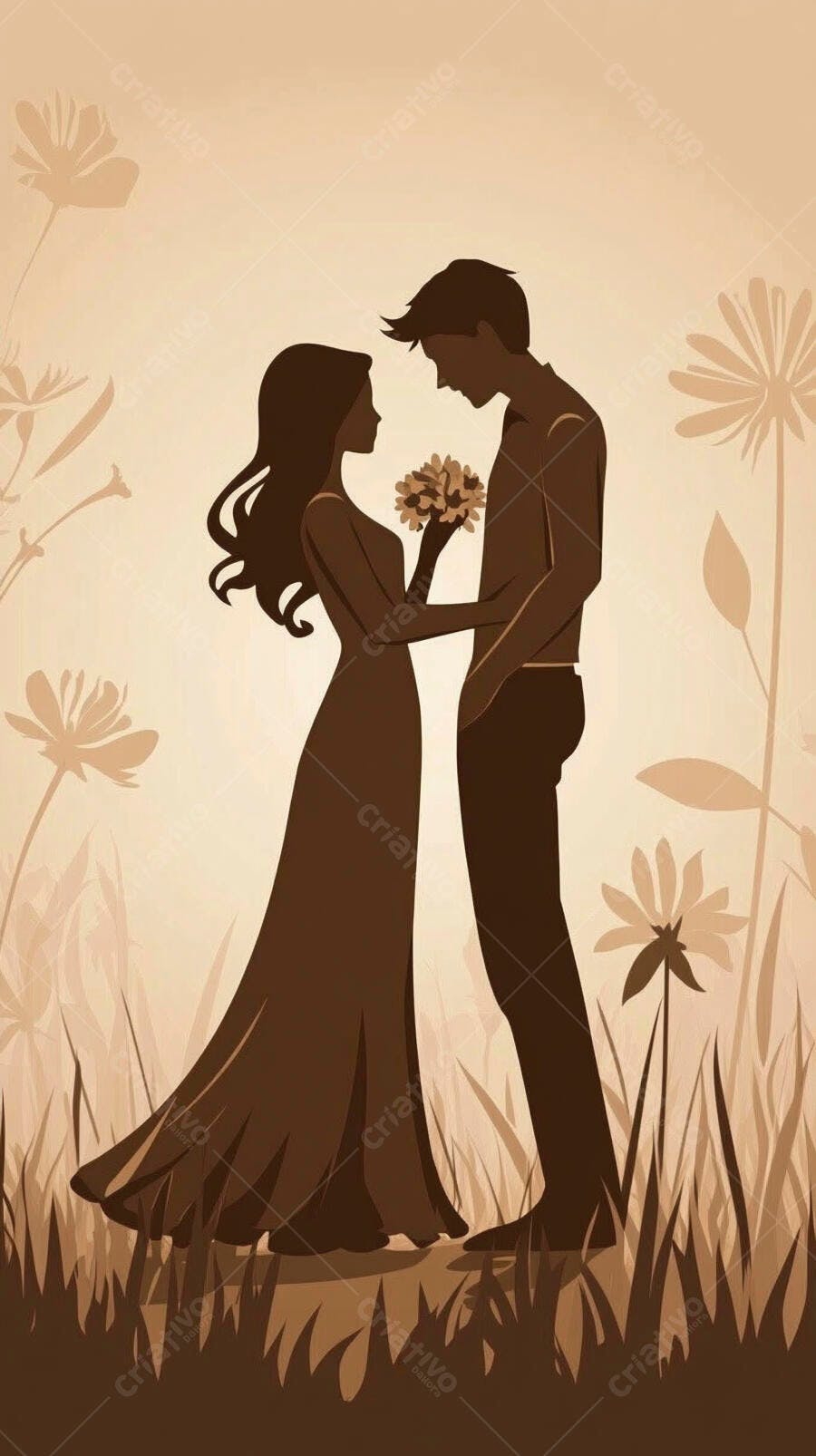 Casal apaixonado em silhueta com flores em campo ao pôr do sol