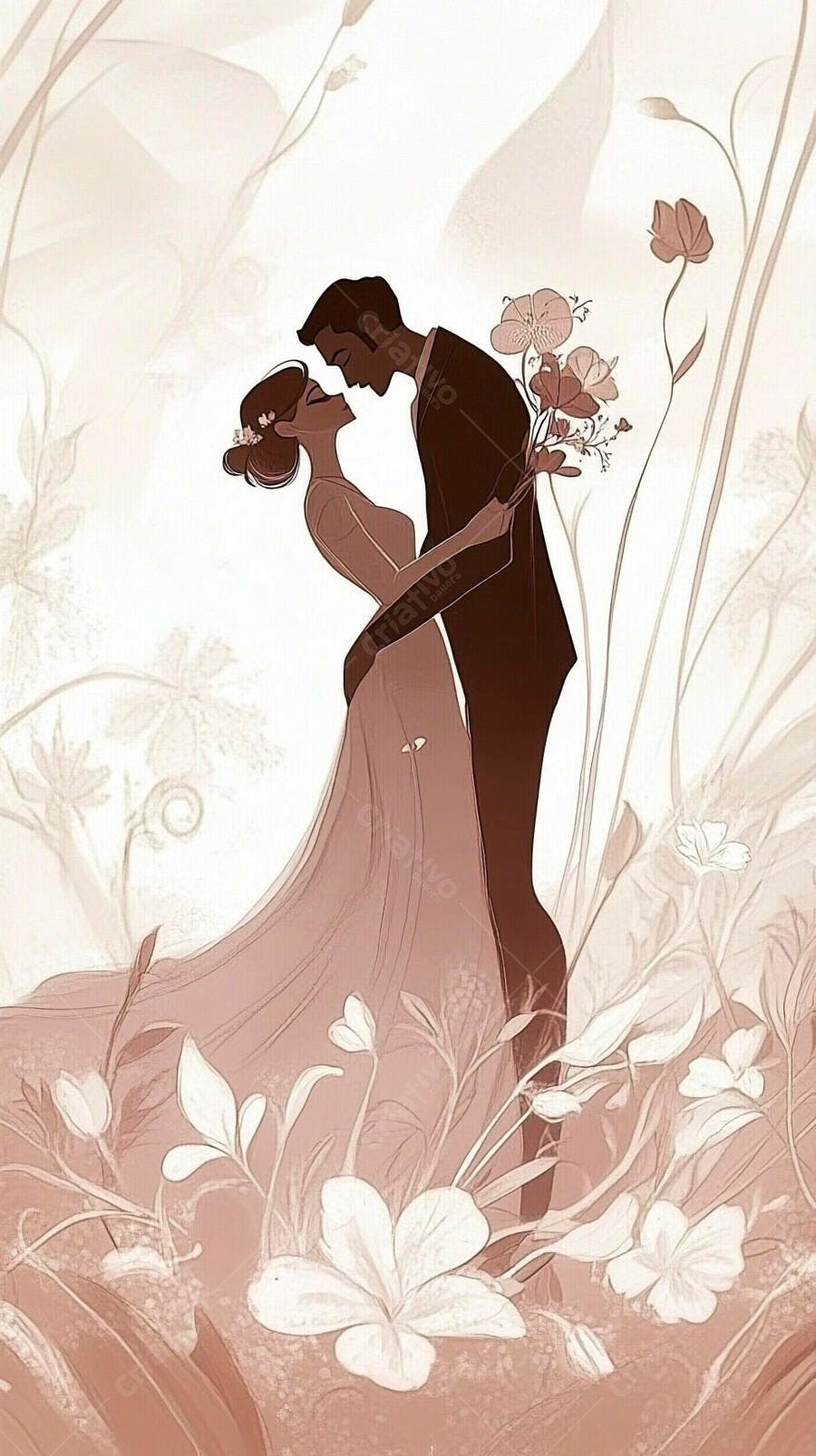 Casal de noivos abraçados em jardim romântico ilustração sépia