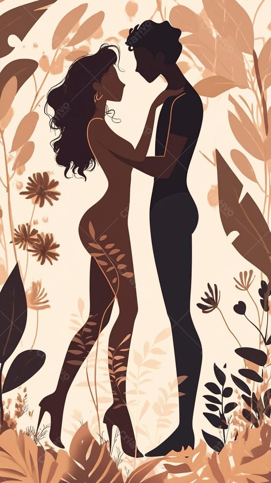 Casal afrodescendente se abraçando com carinho em jardim de tons terrosos e creme