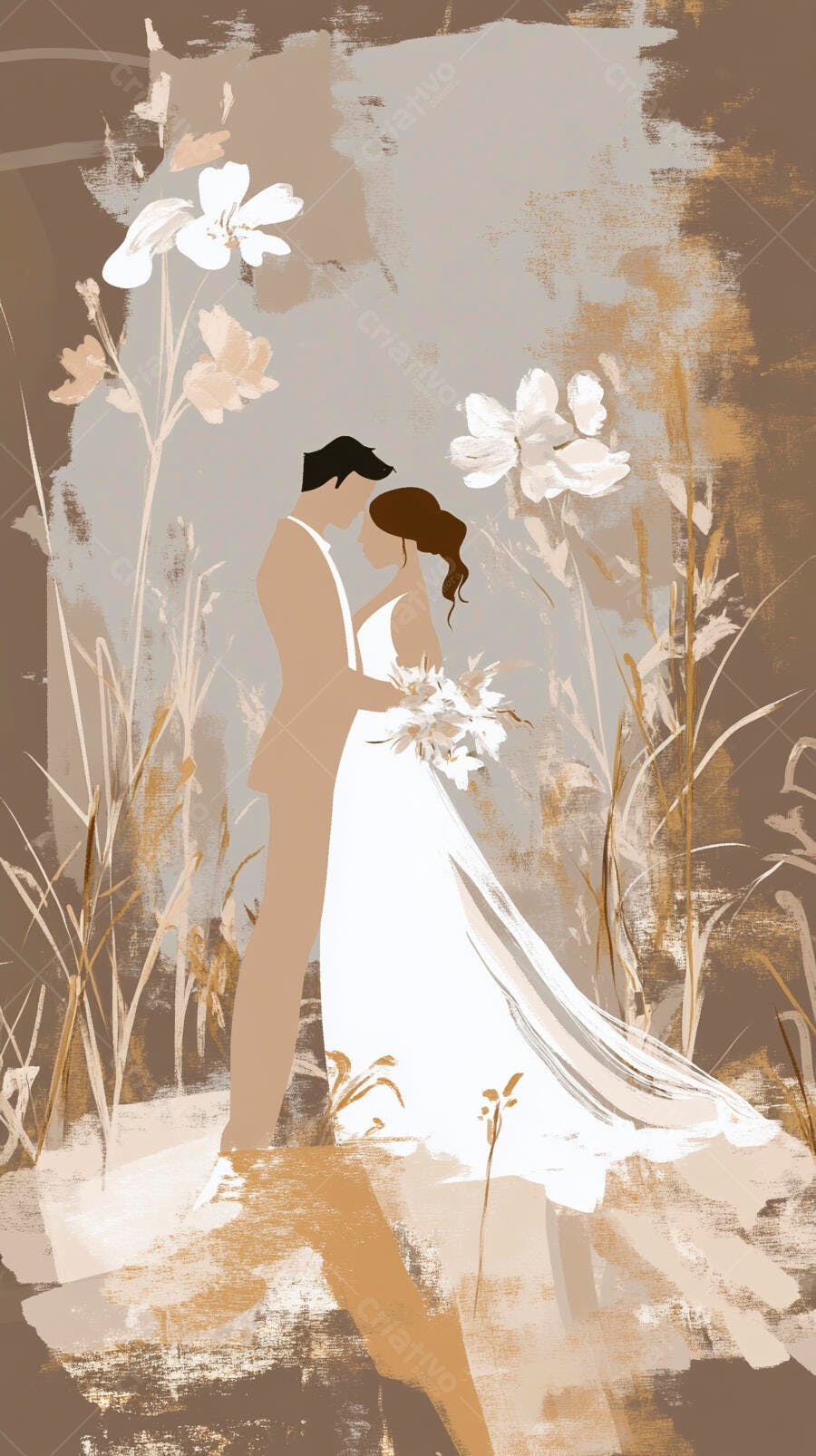 Casal de noivos se abraçando em ilustração abstrata com flores e tons neutros
