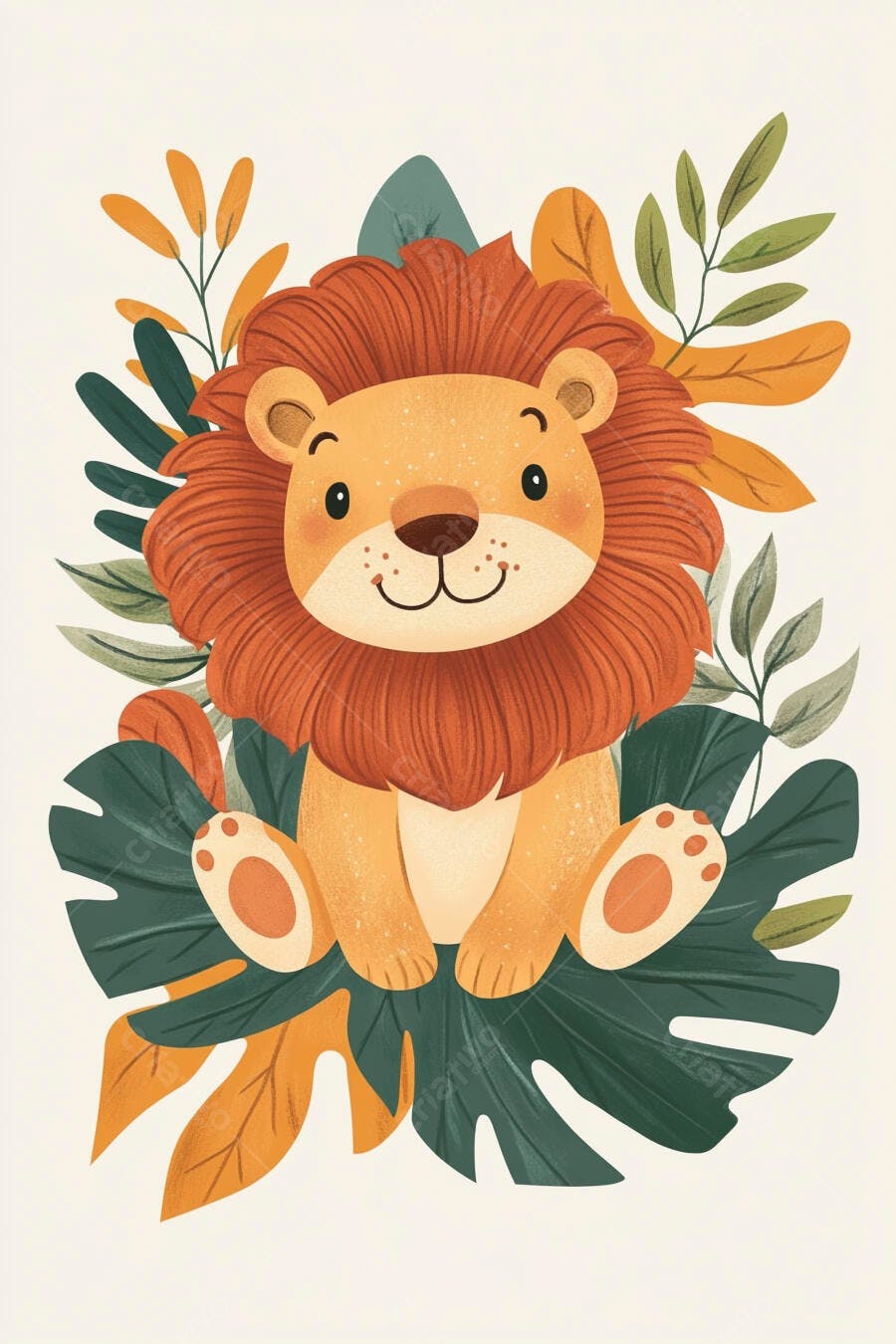 Leão filhote fofo de juba laranja sentado entre folhas tropicais ilustração infantil