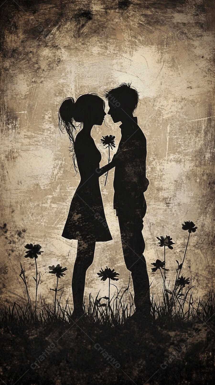 Casal em silhueta homem oferecendo flor para mulher em campo grunge sépia