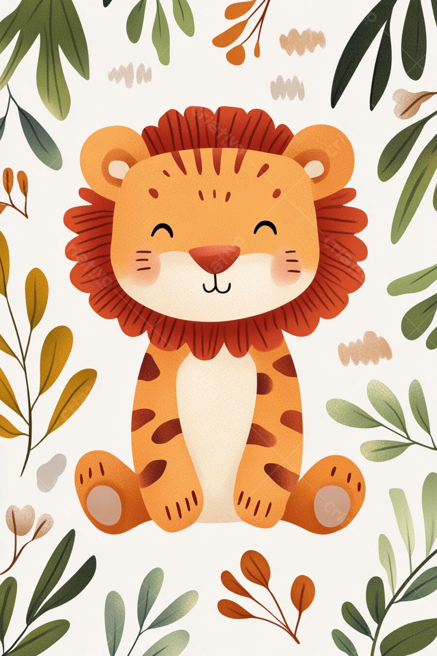 Leão filhote fofo sentado sorrindo em meio a folhas tropicais ilustração infantil
