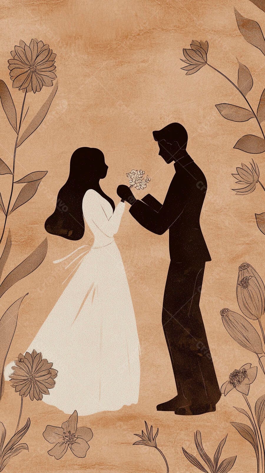 Noivos trocando flores em ilustração de casamento vintage