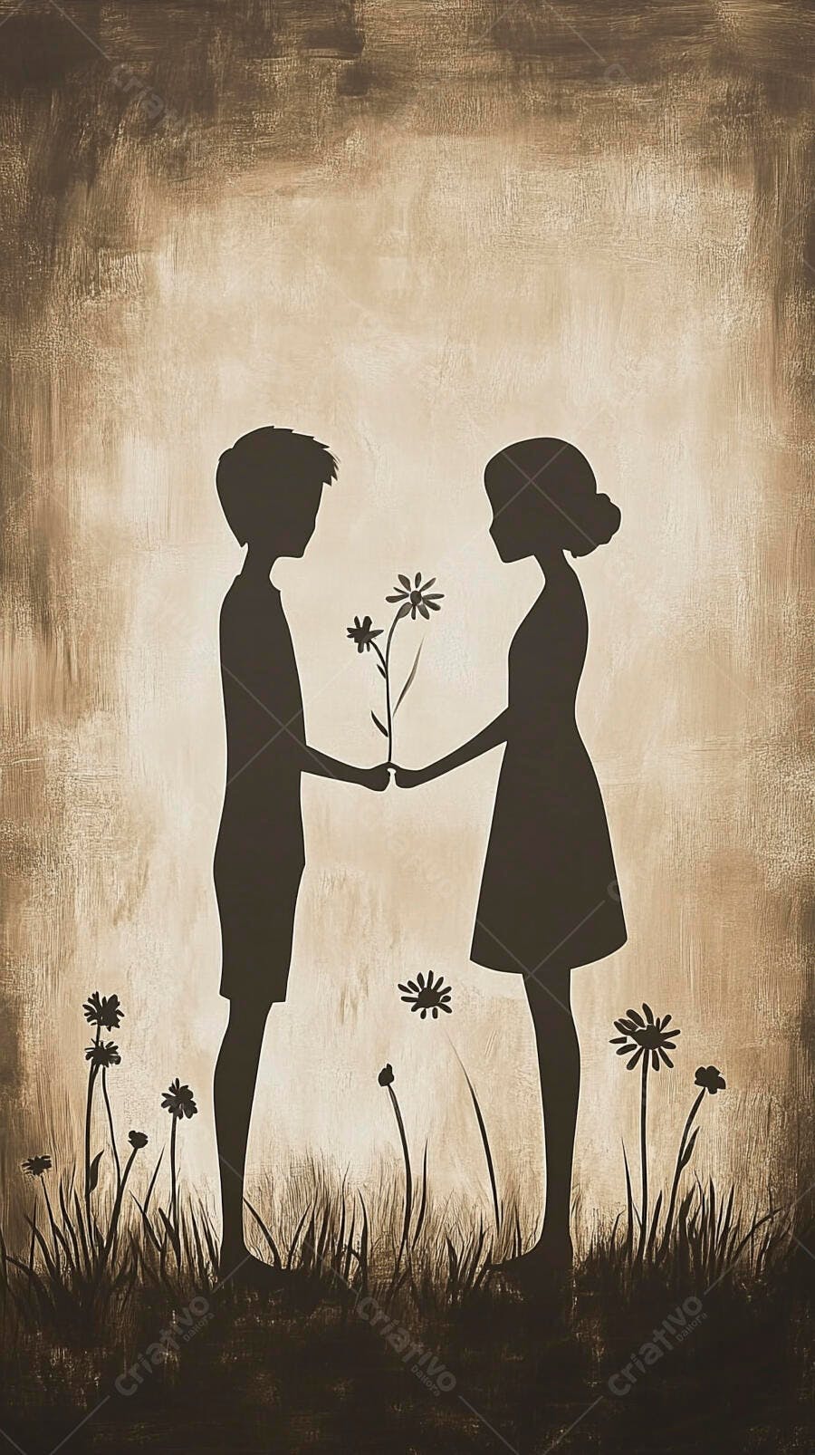Menino e menina silhuetas românticas trocando flor em tons sépia
